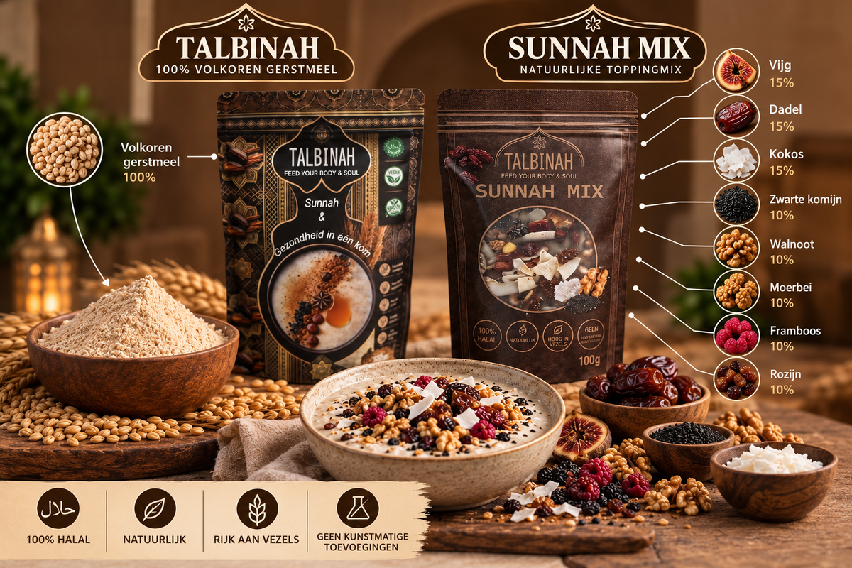 Talbinah volkoren gerstemeel en Sunnah Mix topping met vijg, dadel, kokos, zwarte komijn, walnoot, moerbei, framboos en rozijn